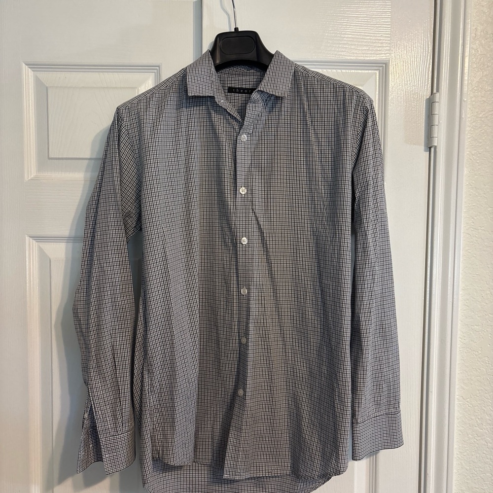 Theory Women’s Gray & White Micro-Check Button-Down Shirt